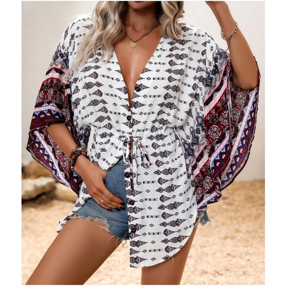 09 Geo Print Button up Waist Tie Loose Fit Top - Picture 3 of 5